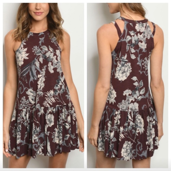 Dresses & Skirts - Burgundy Floral Print Sleeveless Dress
